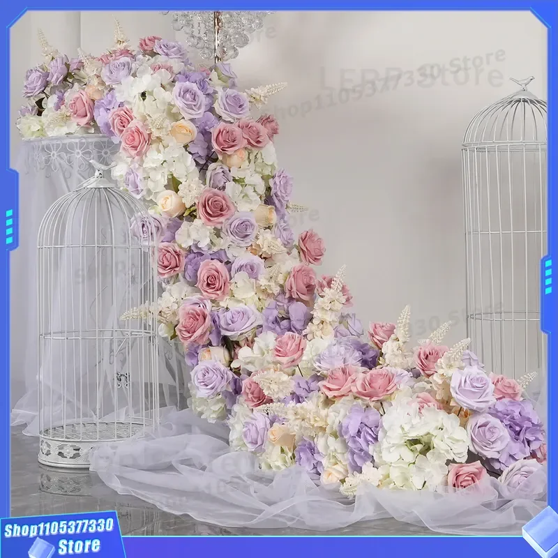 Purple Pink Long Flower Row Wedding Decoration Props Hotel Hall Centerpiece Artificial Rose Table Runner for Event Party