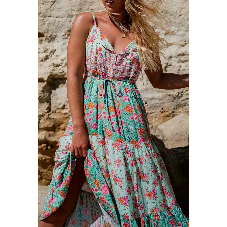 GypsyLady Green Floral Strappy Dress Summer Vintage Holiday Women Dress Backless Sexy Ruffles Button Lady Female Long Dress 2021