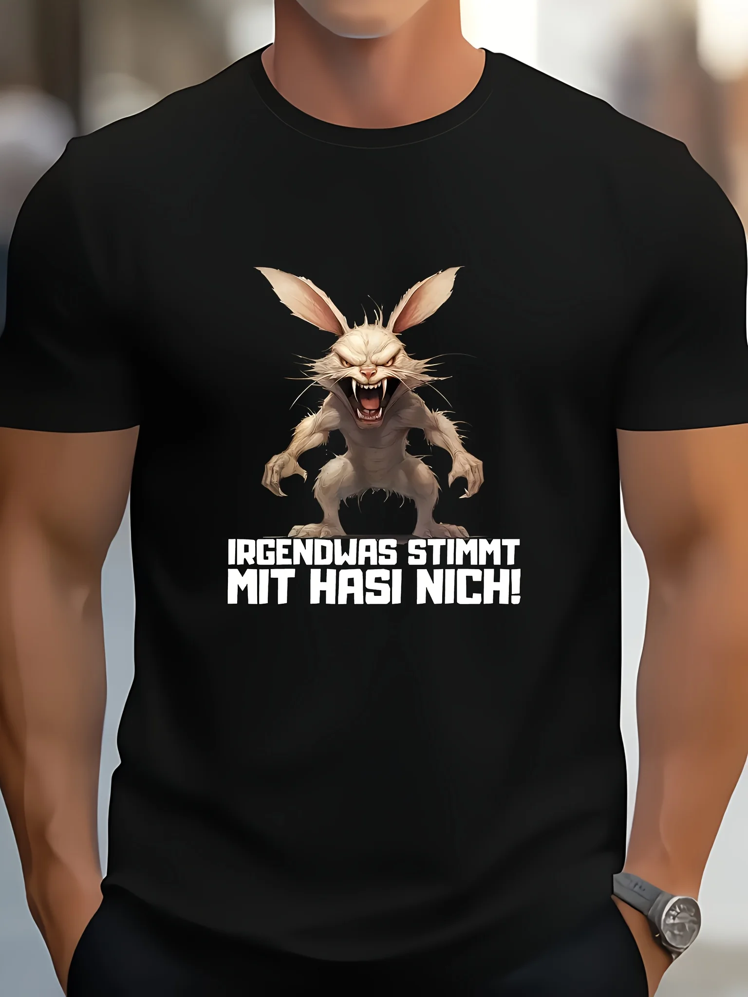 Camiseta con gráfico sarcástico de conejo y la famosa frase alemana: Algo anda mal con el conejo - Irgendwas Stimmt Mit Hasi Nicht! - Casaco Negro