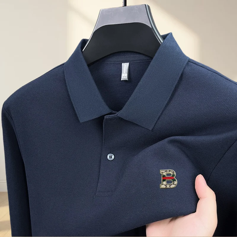 

100% cotton luxury spring and autumn season new hot selling comfortable polo shirt men golf casual letter badge long sleeved top