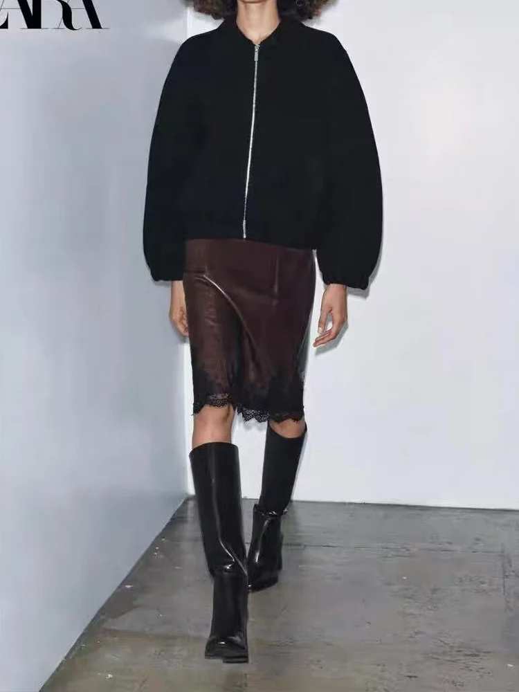 

European style new women's fashionable and versatile elegant simple solid color lapel zip-up knit bomber jacket