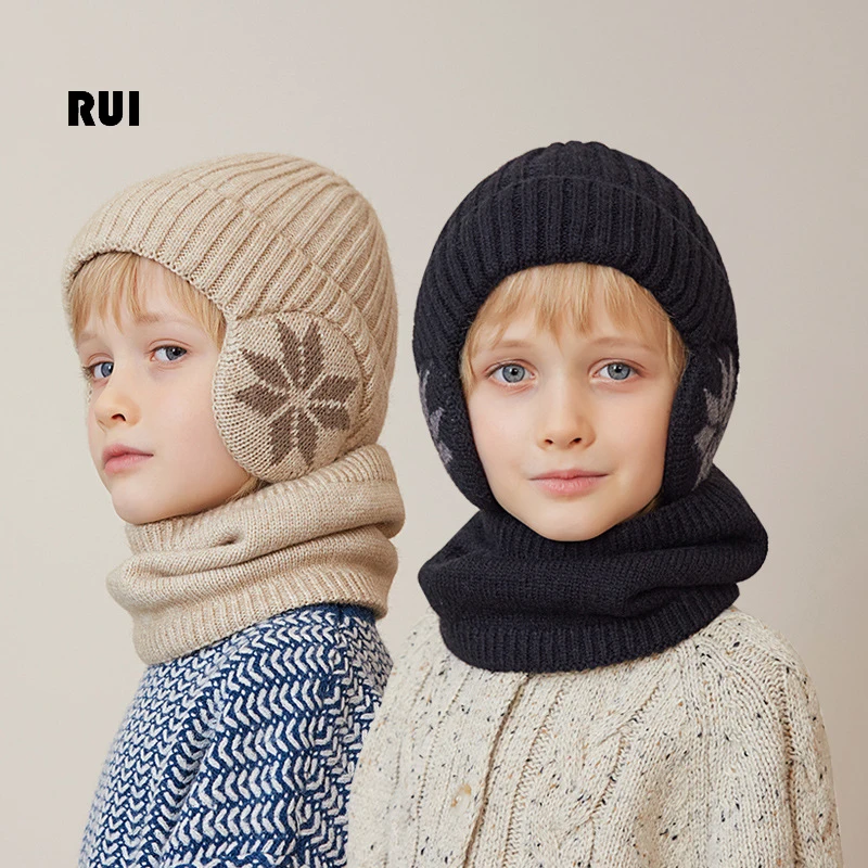 

Children's ear protection hat winter velvet bib set knitted knitted wool hat boys and girls warm ear protection cap two pieces