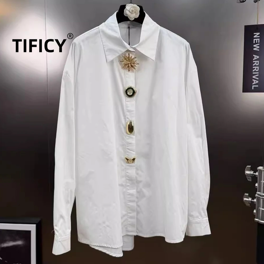 

High Street Shirts Women's Spring Metal Button-Up Collar Design-Focused Silhouette Long Sleeve Top French Elegant Shirts