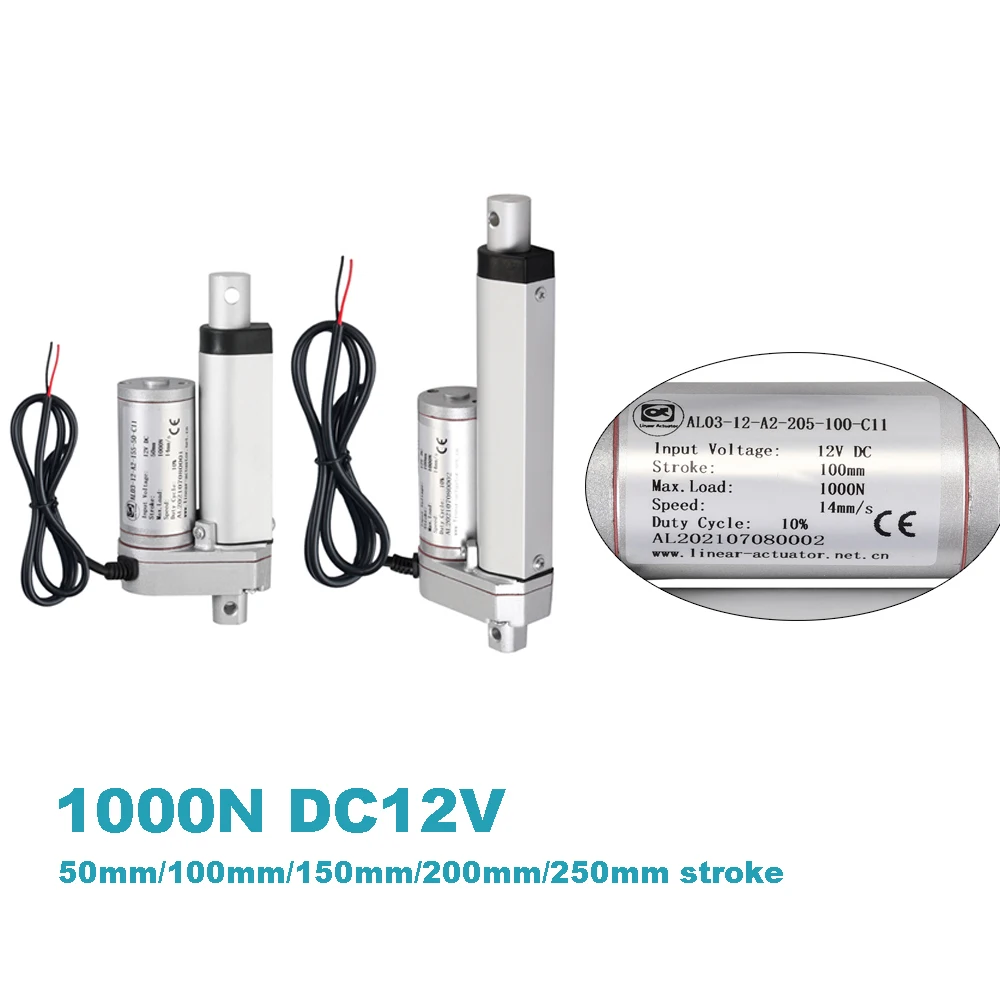 1000N DC12V Linear Actuator Linear Drive Controller 50mm/100mm/150mm/200mm/250mm Stroke Actuator 14mm/s Speed Linear Motor