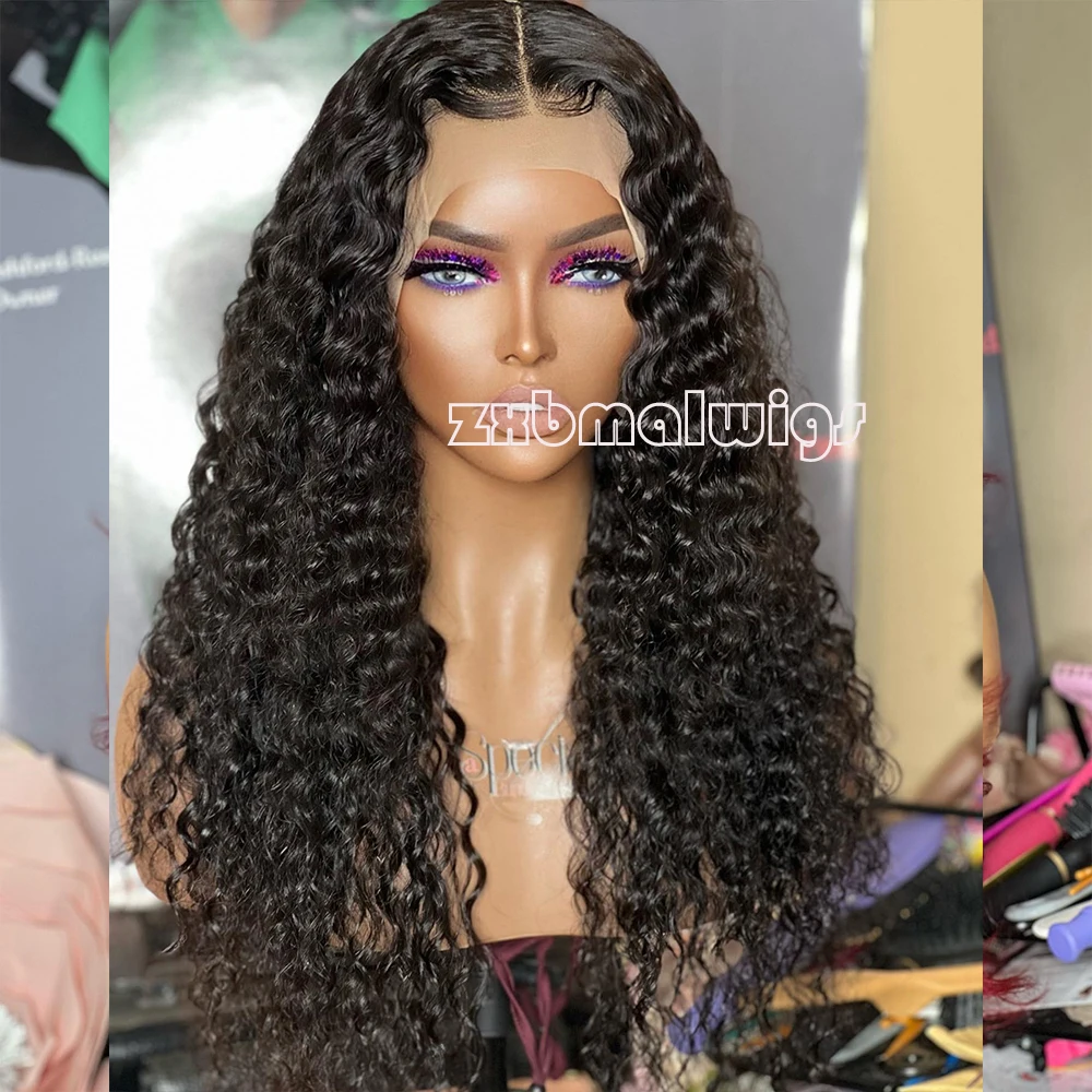 Mxwigs synthetisches Haar schwarz tief lockig 13 x4 Spitze Front Perücke für Frauen leimlos vor gezupft hitze beständiges Cosplay