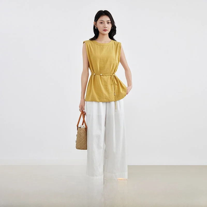 

Модный комплект из двух предметов: топ с круглым вырезом из хлопковой смеси и свободные повседневные брюки для женщин, комфортный, с эффектом похудения