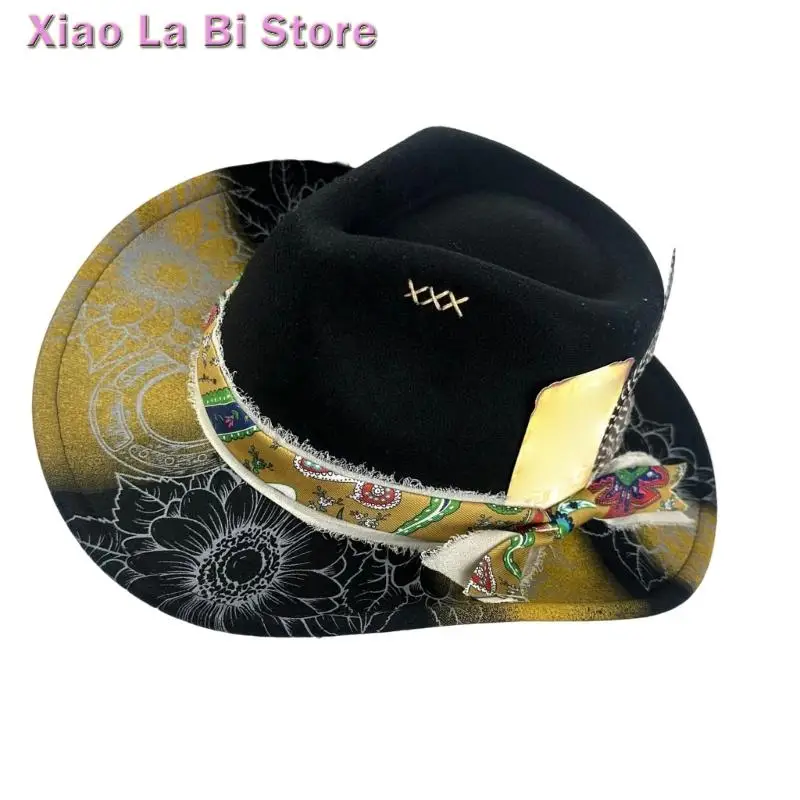 XXFD Unisex Bergaya Merasa Topi Cowgirls Dengan Bulu Dikepang Detail Desain Ringan