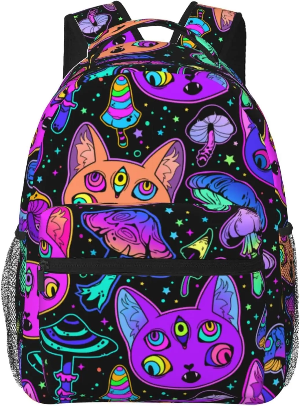 Backpack Casual Halloween Trippy Eyes Black Cat Mushrooms Bookbag with Padded Straps Anti Theft Rucksack for Travel Camping