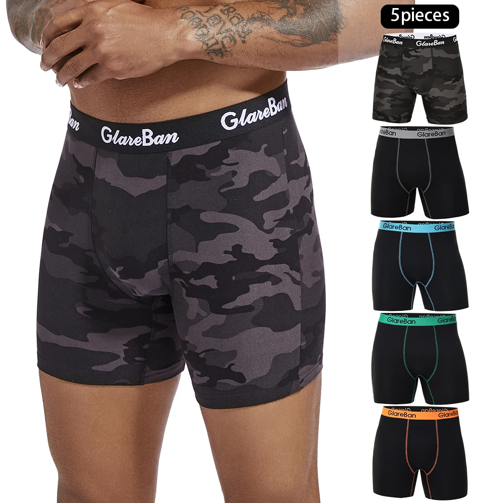 Kit com 5 Cuecas Boxer Masculinas de Cintura Média, Macias para Uso Diário, Casa e Esportes Ativos, Camuflagem com Contraste