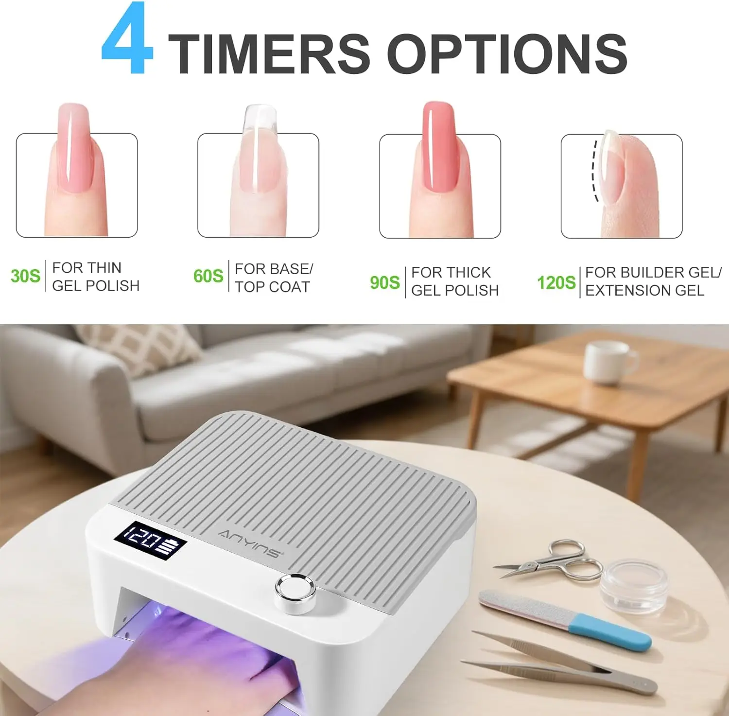 UV LED ネイルランプ 120W、ノブ付き高速硬化ジェルネイルドライヤー、コードレス、グレー