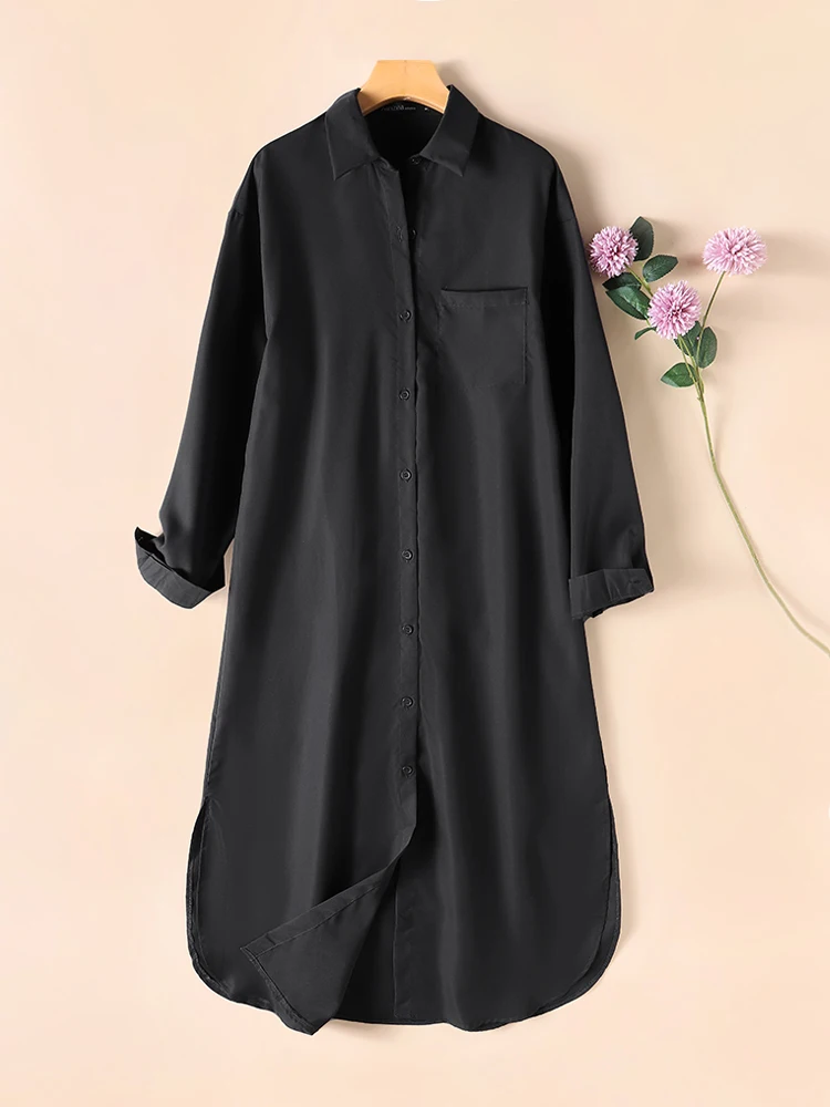 ZANZEA Women Long Sleeve Solid Shirtdress 2024 Fall Street Fashion Casual Loose Midi Dress Everyday Rounded Hem Long Vestidos