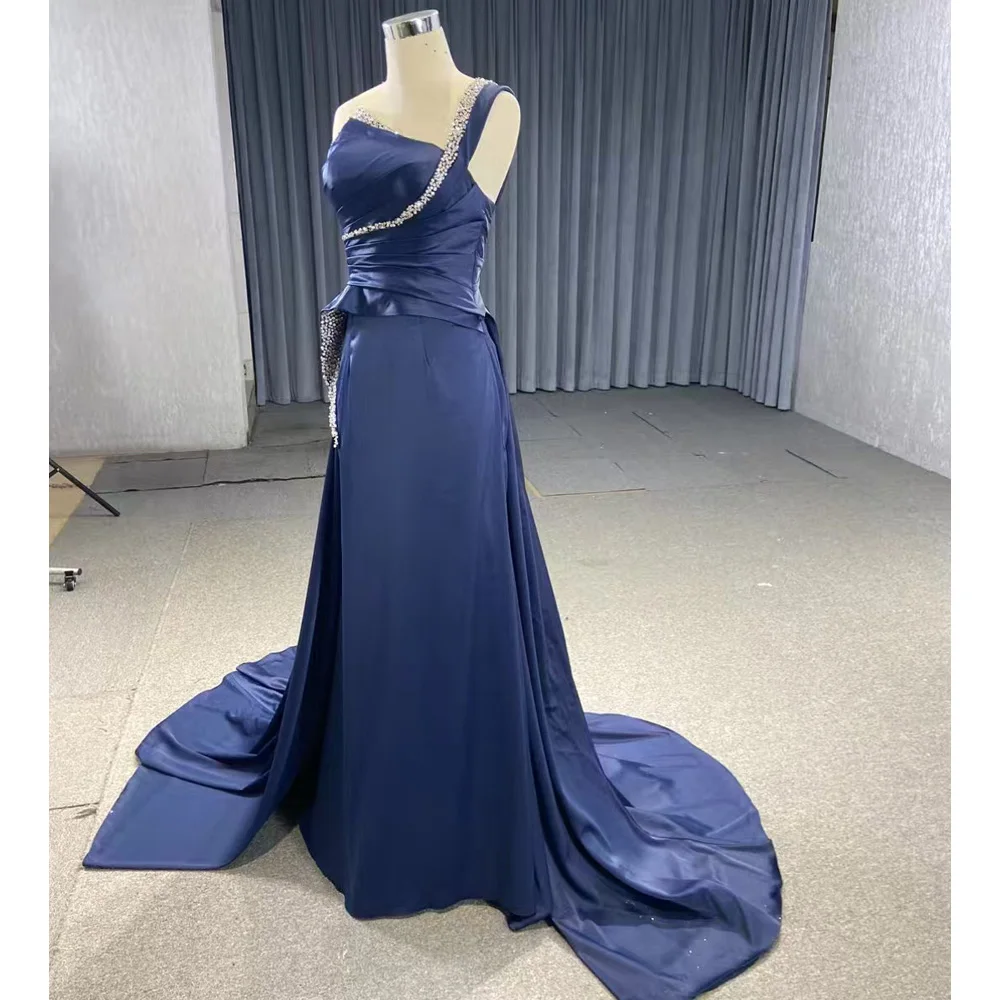 Navy Blue One Shoulder Crystal Ruched Sheath Strapless Mermaid Evening Dress Lace Up Back Design For Special Occasions view 2