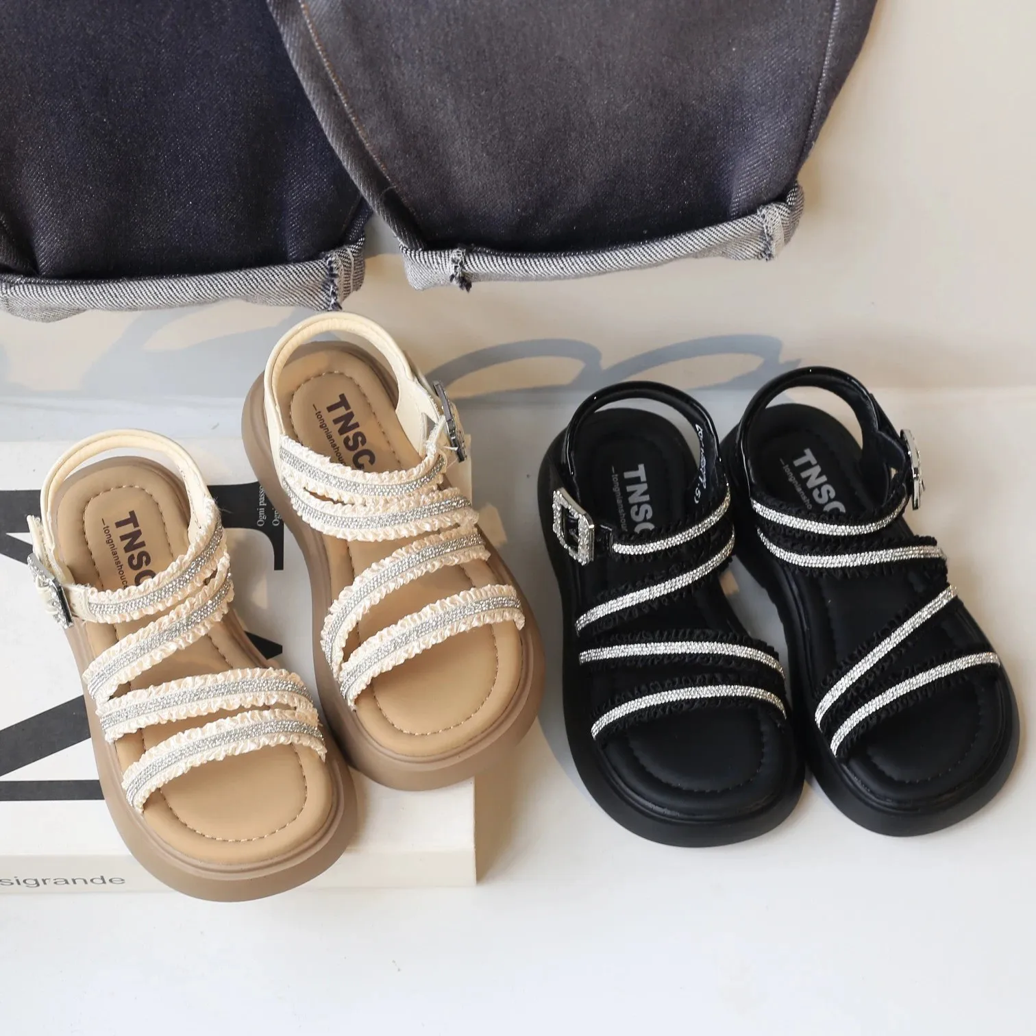 

Kids'Casual Shoes Sandals Solid Color Sequin PU Leather Summer Flat Shoes For Girls Anti-slip Black White Shoes Size 26-36