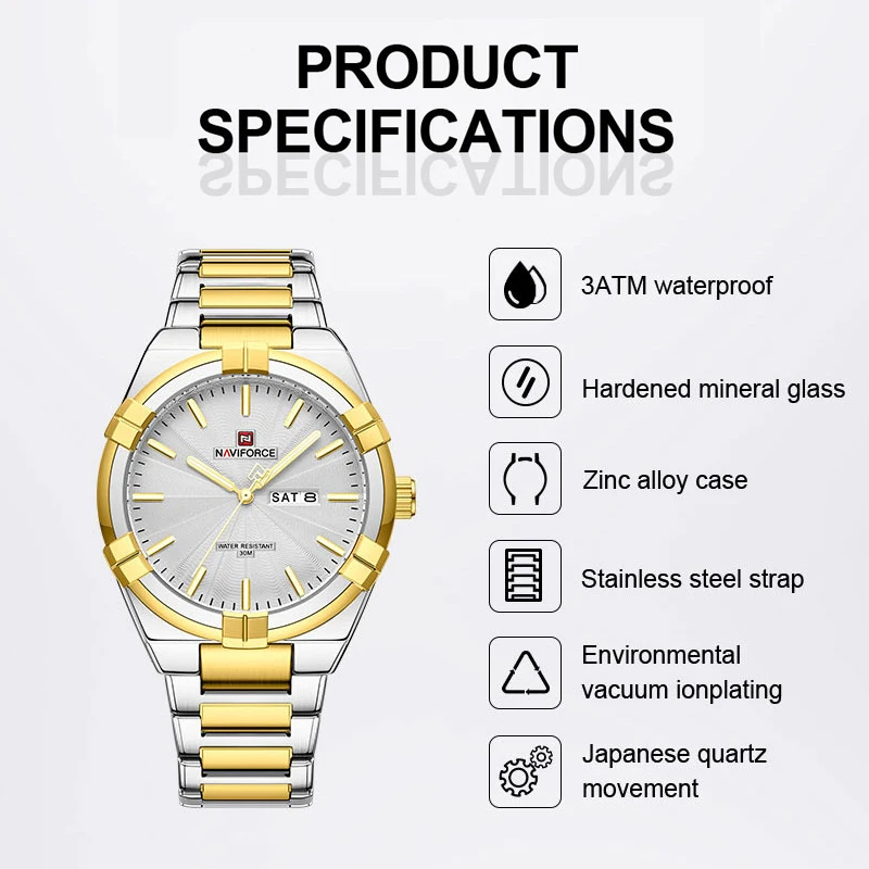 NAVIFORCE Classic Day and Date Display Men Stainless Steel Watch Man Business Waterproof Quartz Calendar Clock Relogio Masculino