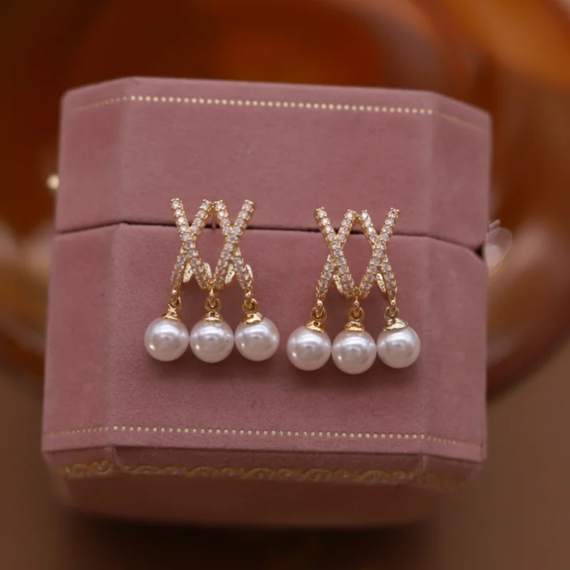 2025 Korean new design fashion jewelry 14K plated double cross pearl pendant earrings elegant women's daily work accessorie