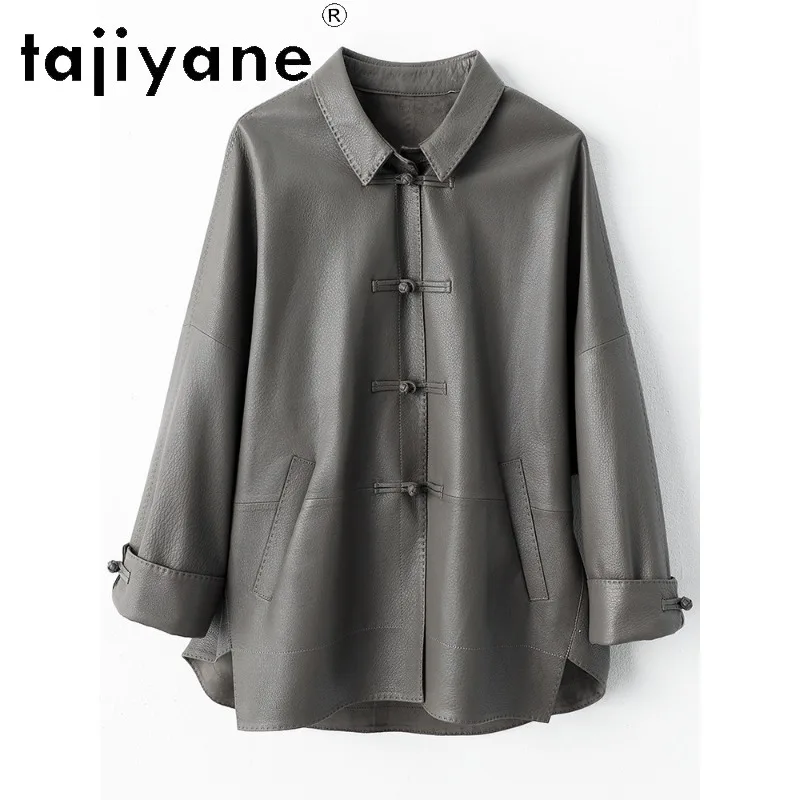 TAJIYANE Top Layer Genuine Deer‑Grain Goatskin Leather Jacket Women Coats Mid‑Length Outerwear Frog Button Jackets Plus Size