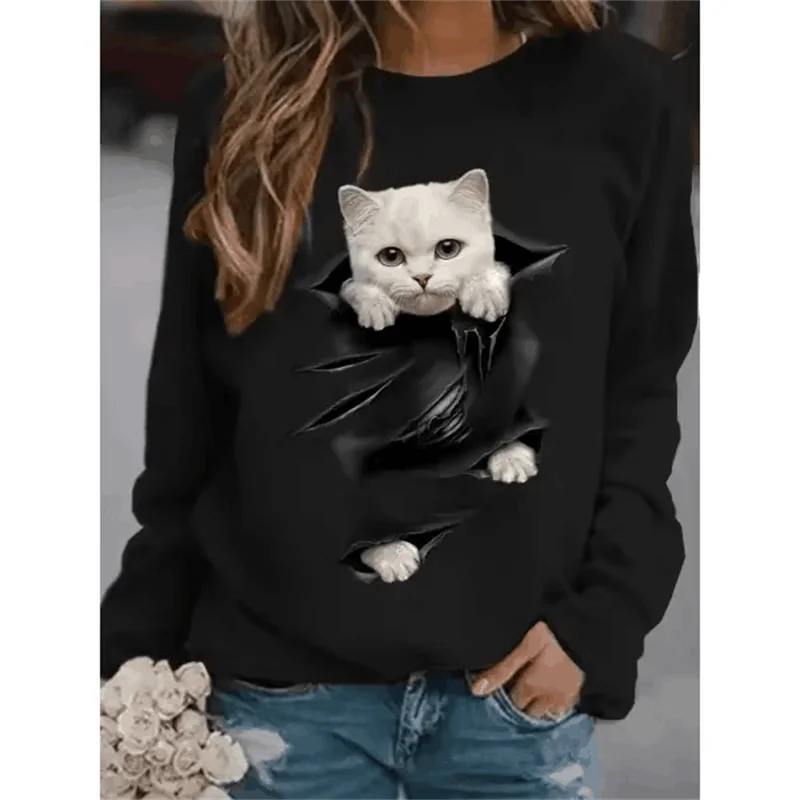 Sweat-shirt décontracté à col rond pour femme, sweat à capuche polyvalent, impression de chat 3D, mignon, petit, frais, vêtements de maison,