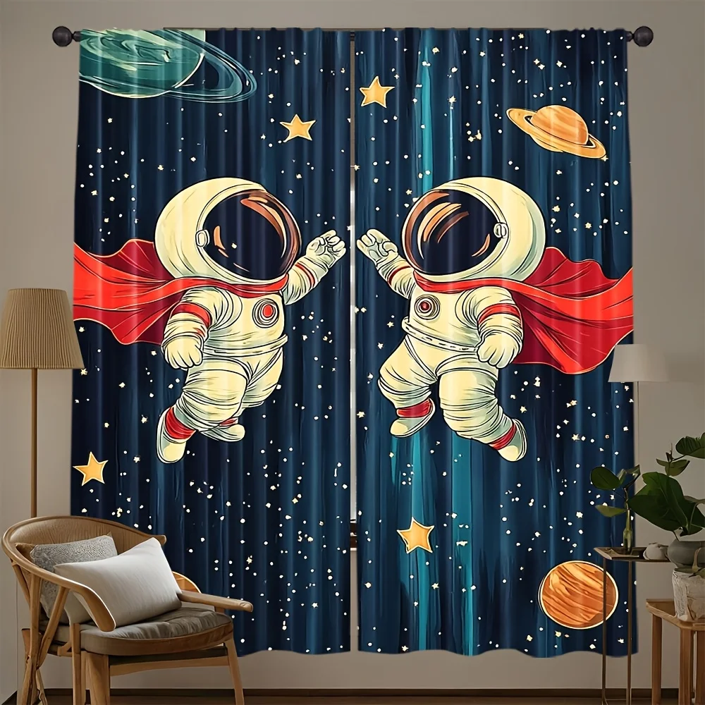 3D Cartoon Astronaut Space Blackout Curtains - Galaxy and Planets Print Window Drapes for Kids Room Nursery Decor