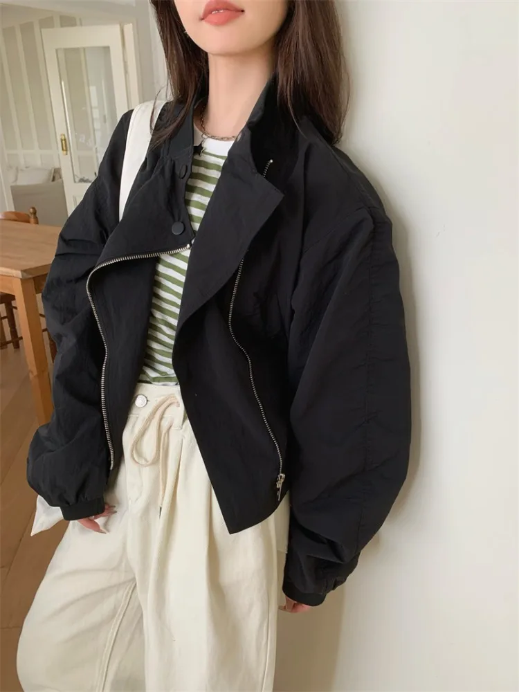 Jackets, Windbreakers, Jackets, Women's Design Sense, Stand Up Collar, Diagonal Zipper, Pile Up Sleeves, Khaki Color Short Top