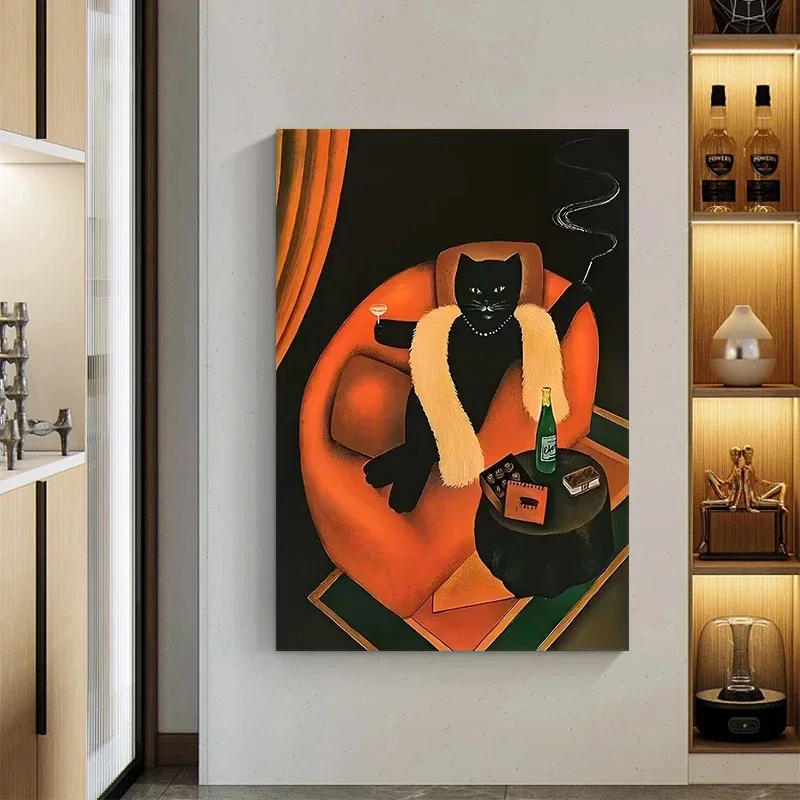 Cute Quirky Leisurely Black Cat Poster Prints Cartoon Animal Canvas Painting Wall Art Picture for Living Room Home Decor Cuadros