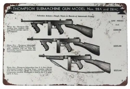 art and prints Thompson Submachine Gun Model and 28AC tin metal sign