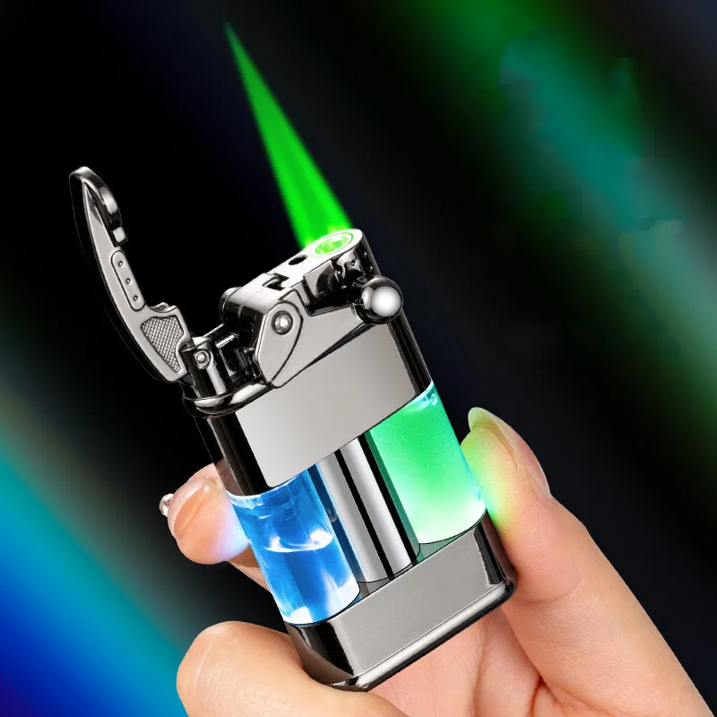 Rocker Switch Ignition Butane Gas Lighter Outdoor Windproof Turbo Torch Straight Green Flame Jet Cigar Lighter Men's Tools