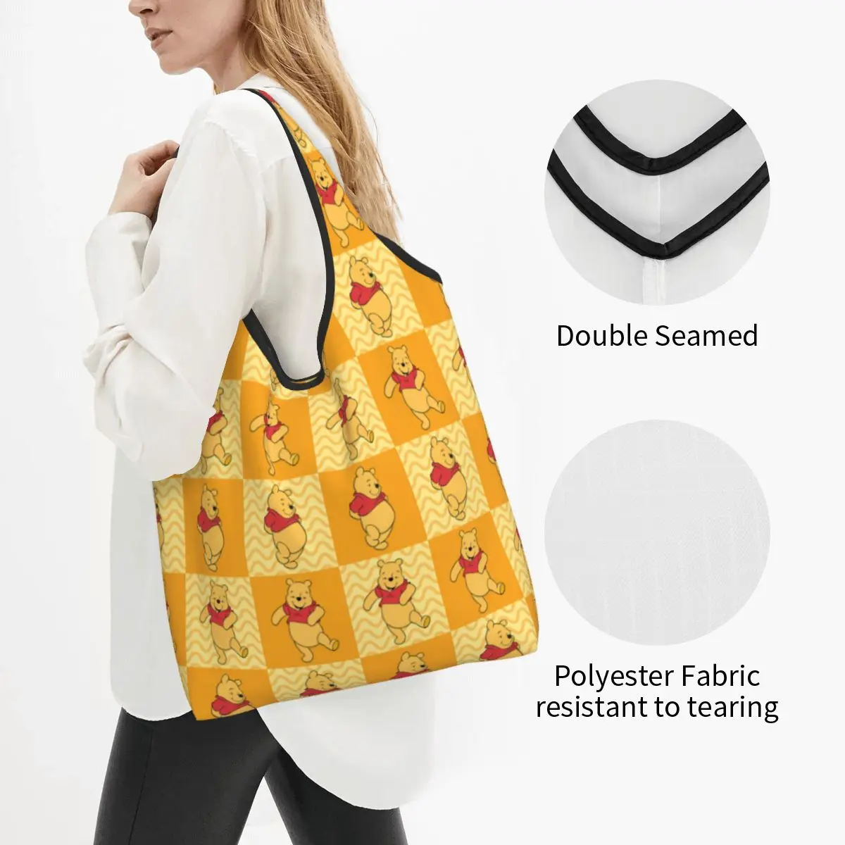 Custom Reusable Winnie Pooh Bear Collage Shopping Bag Women Tote Bag Portable Grocery Shopper Bags