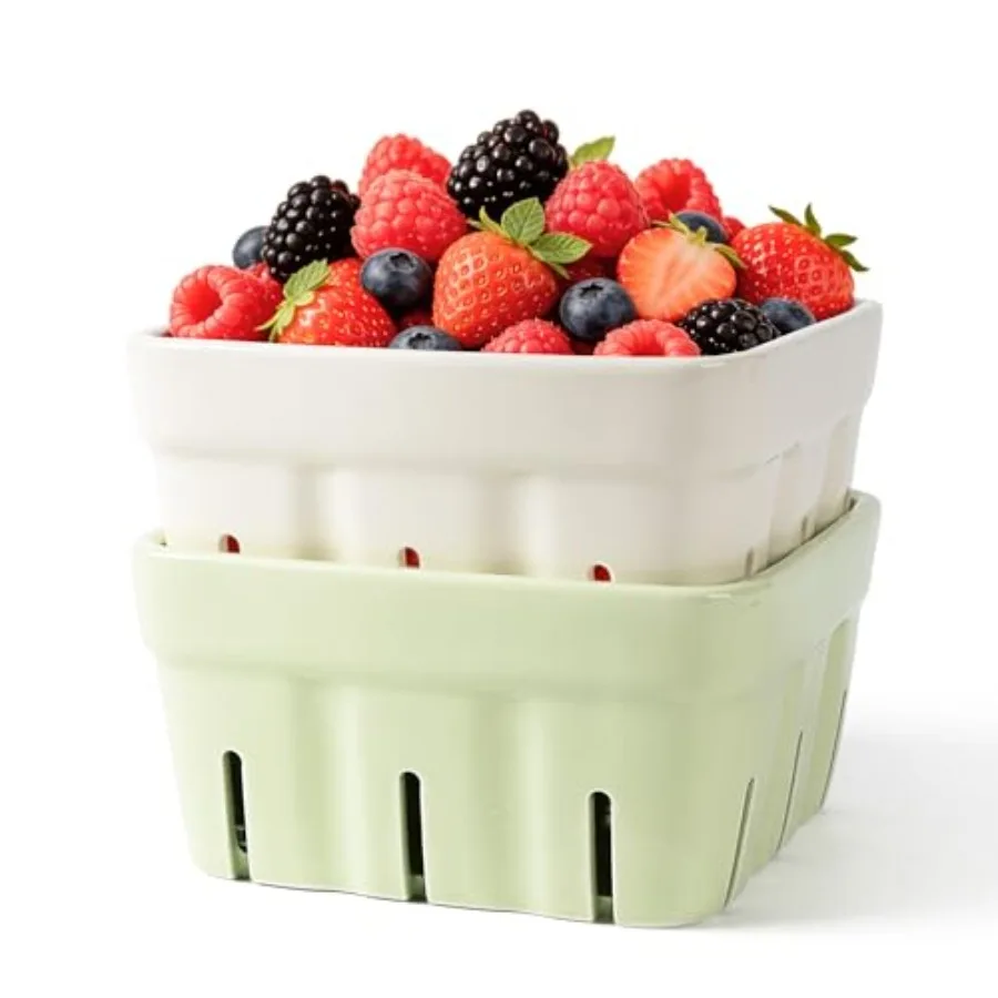 

Ceramic Berry Basket, 5.9" Large Size Container for Fruit and Vegetables, Farmhouse Fruit Bowl, Strawberry Decor, Farmers Marke