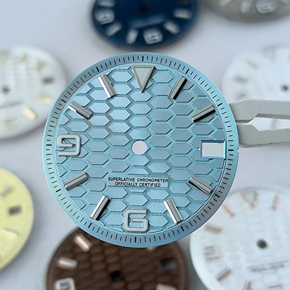 NH35 다이얼 28.5mm 수정 시계 다이얼 숫자 다이얼 블루 루미 너스 핏 NH35 무브먼트 시계 액세서리