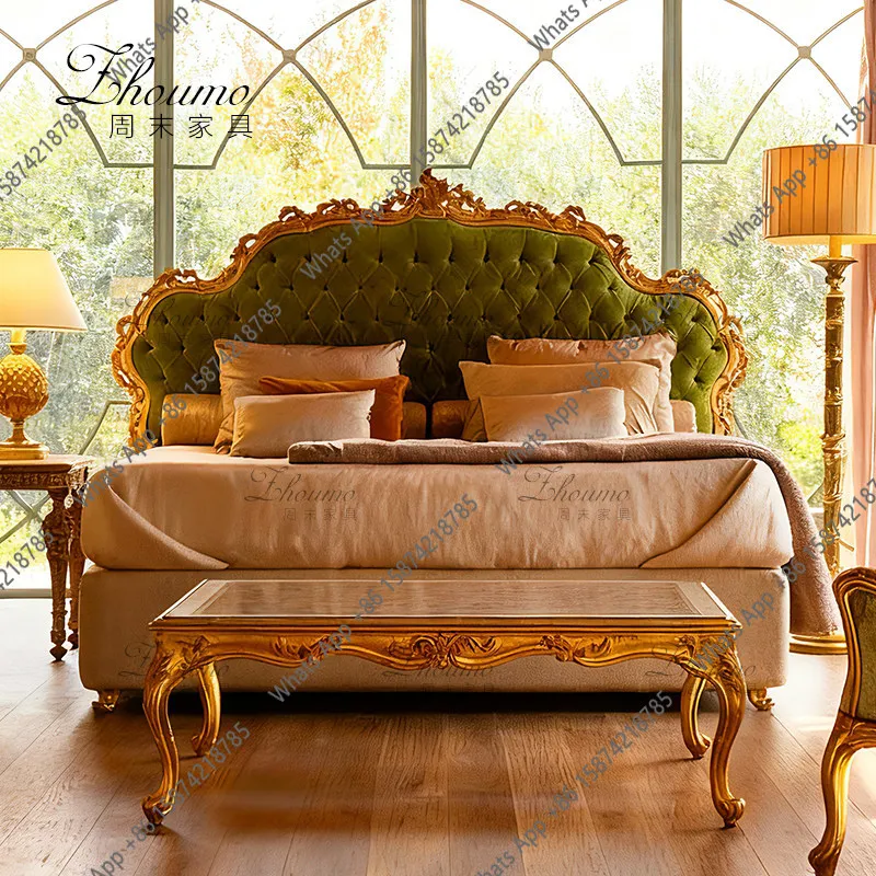 American retro simple green velvet double bed French engraved pull-up cloth bed light luxury soft bag backrest bed