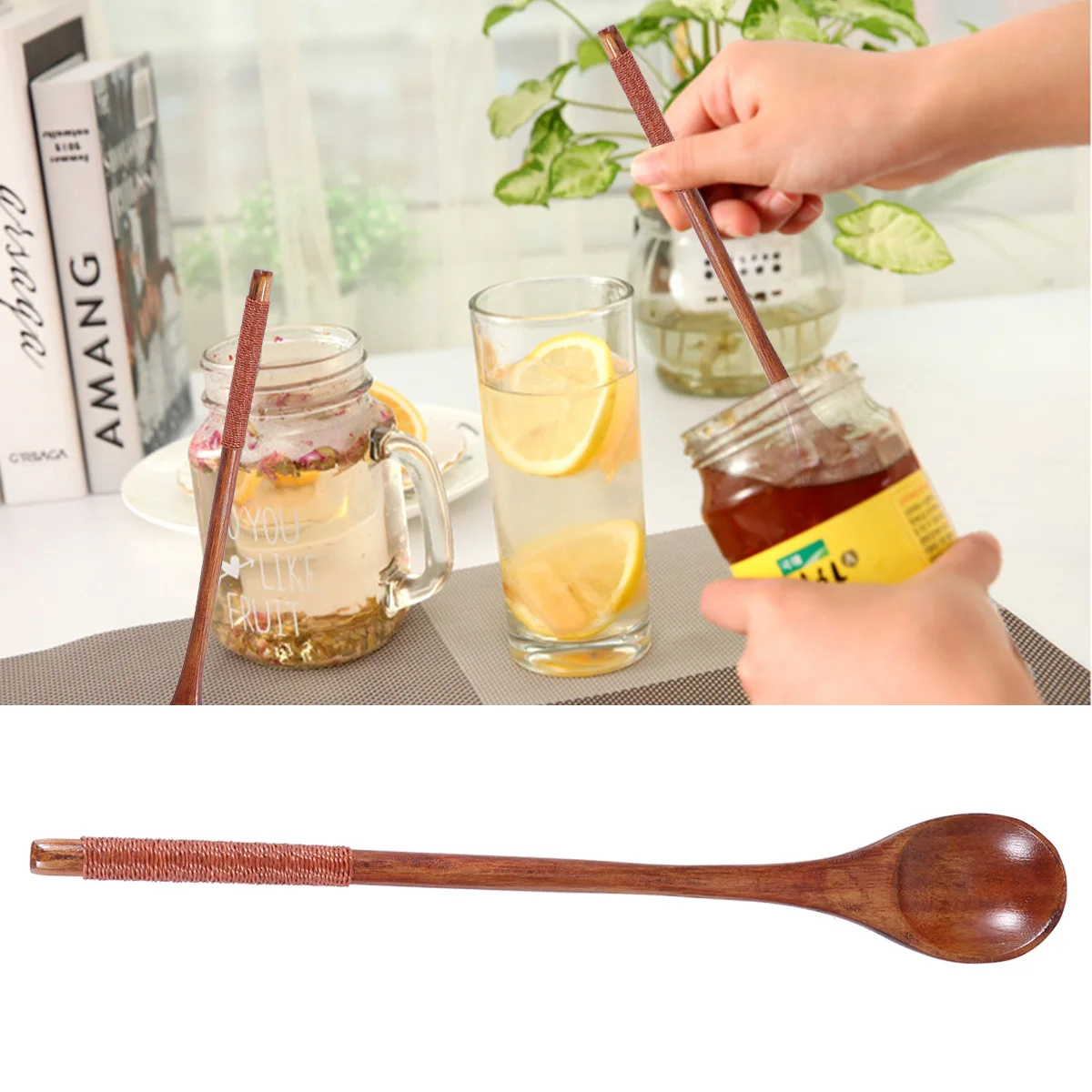 

5pcs Honey Wooden Spoon Natural Long Handle Stirring Spoons For Tea Coffee Dessert Soup Cereal Rice Bowl Tableware Tools Kitchen