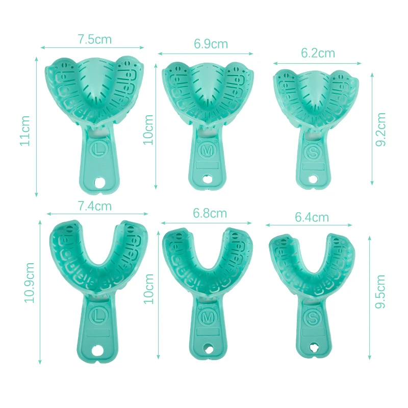 6 Pcs/Set Dental Implant Tray Green Plastic Impression Tray Teeth Whitening Full Mouth Removable Partial Mold Tray Tooth Holder