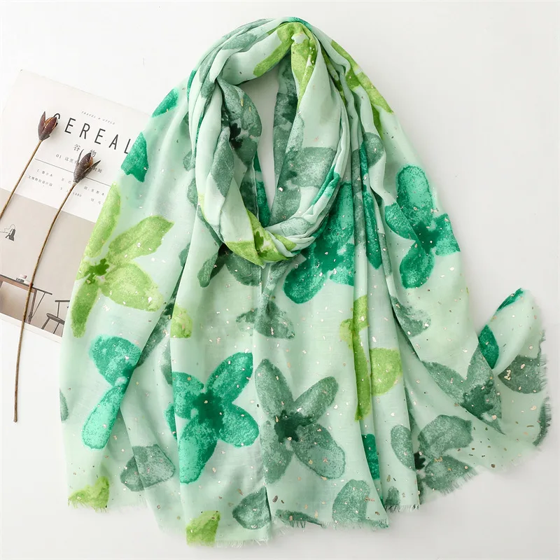 

2024 Spring Ombre Flower Print Shimmer Scarf Shawls Beautiful Luxury Floral Scarves Hijab Wrap 6 Color