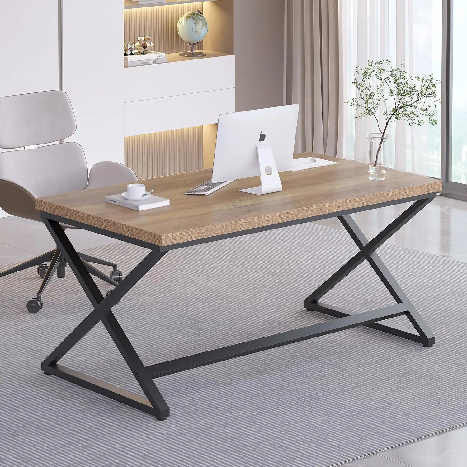 Rustic Computer Desk Home Office Writing Study Table Oak Wood 55in Workstation, Customized