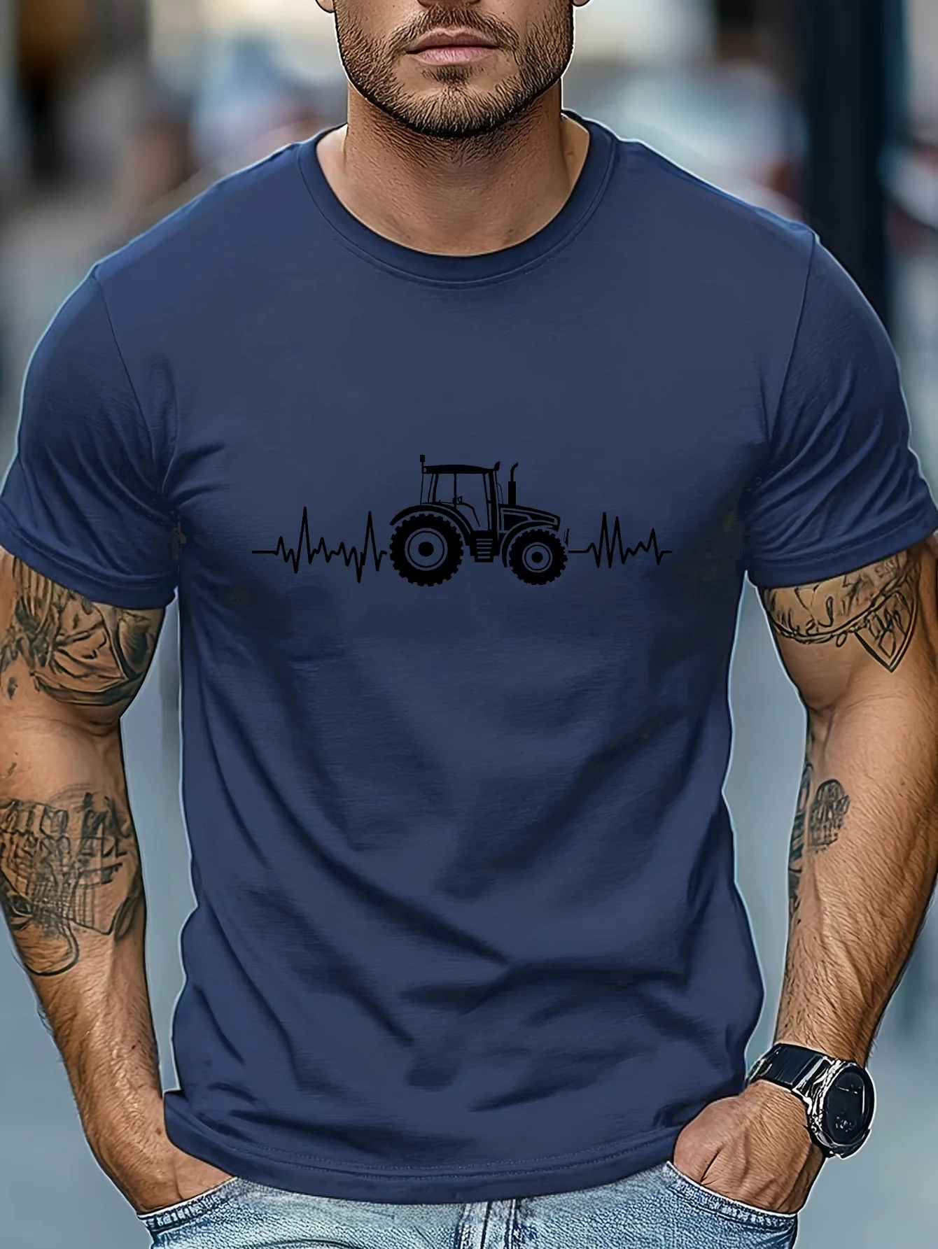 

Tractor Heartbeat Graphic Tee Men Breathable Cotton Short Sleeve Round Neck Casual T-Shirt