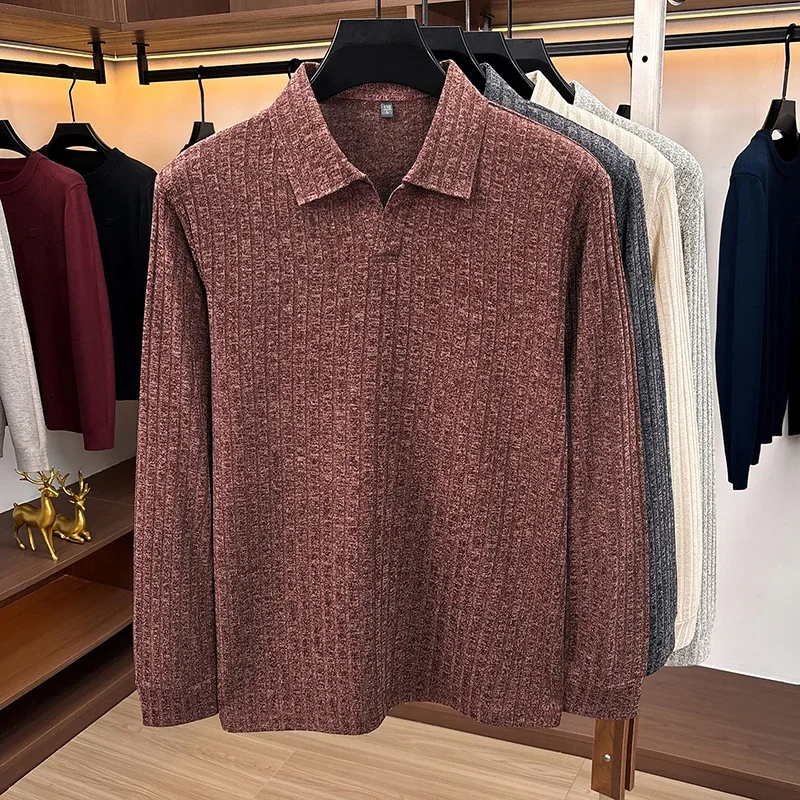 Men Polo Collar V‑Neck Knit Sweater Vertical Ribbed Texture Long Sleeve Soft Stretch Slim Fit Winter Casual Business Mens Tops view 3