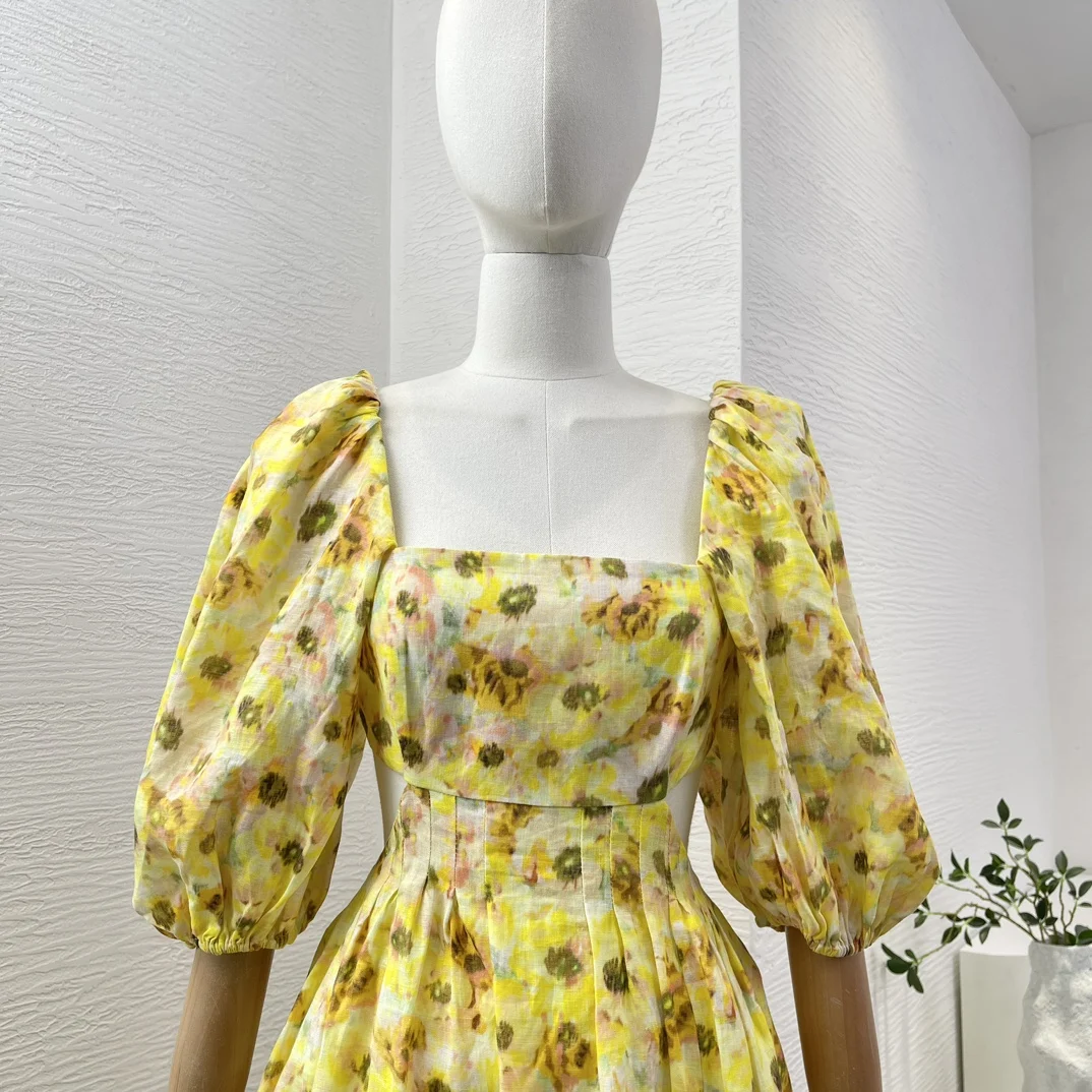 2025年ニューファッション女性服イエロー花柄プリントカットアウトウエストバックレスハーフスリーブスクエアカラーミディドレス