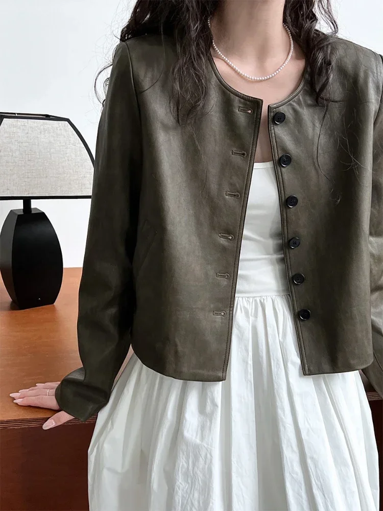 Veste courte boutonnée en similicuir PU pour femme, manteau court chic minimaliste, col rond rétro, manches longues, vêtements d'extérieur d'automne et d'hiver