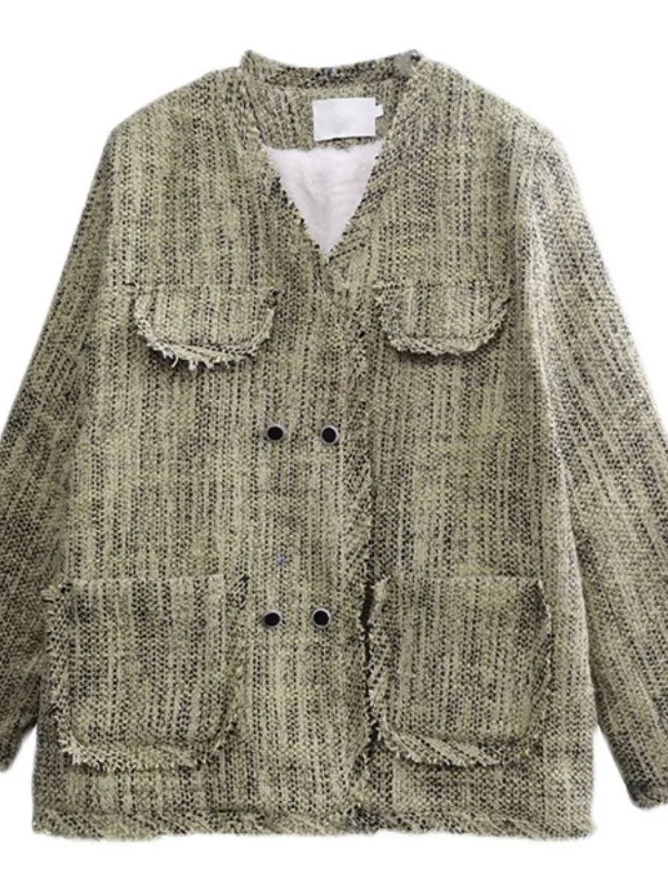 Woherb Temperament Jackets Women 2024 V-neck Tweed Outwear Casual Loose Green Tops Korean Chic Elegant Vintage Tassel Coats