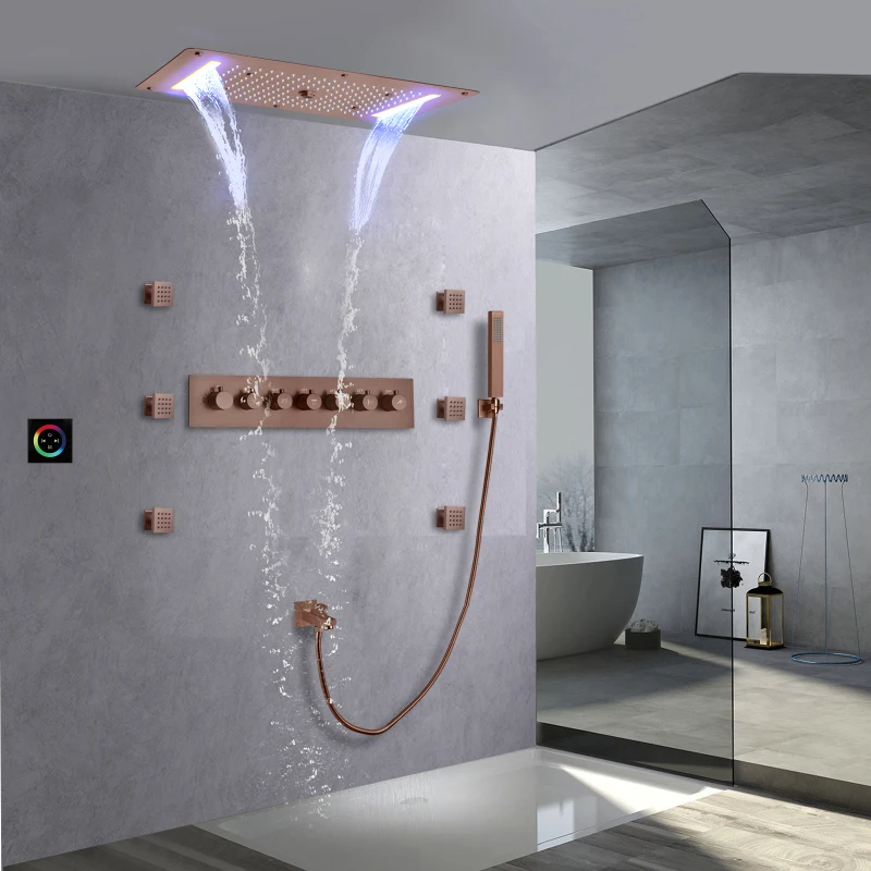 28*15 Inch LED Stainless Steel Shower Head Waterfall Rain Fog Ceiling Recessed Bathroom Thermostatic Bath & shower Sets