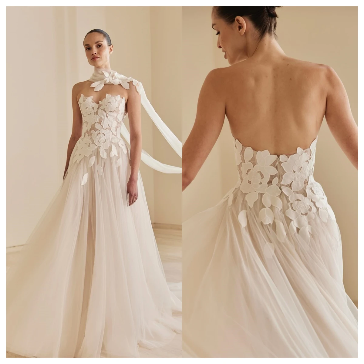 Vestido de noche de tul blanco con temperamento personalizado, sin tirantes, sin mangas, vestidos para ocasiones a medida, vestidos de celebridades, apliques de cintas