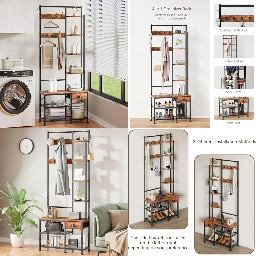 

4-in-1 Rustic Brown Entryway Bench with Shoe Storage, 4 Shelves, and 8 Hooks