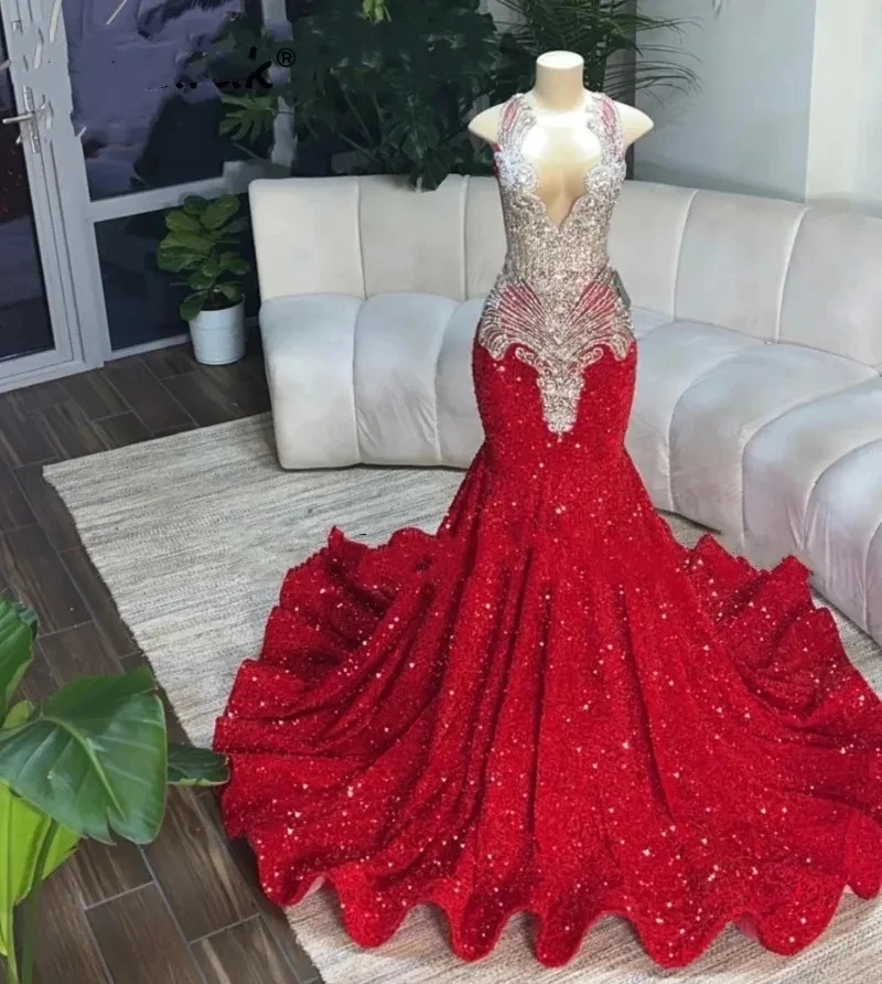 Customized 2025 Gorgeous Red Mermaid Prom Dresses Luxury Sheer Neck Crystal Sequins Birthday Party Gowns Graduation Robe De Bal