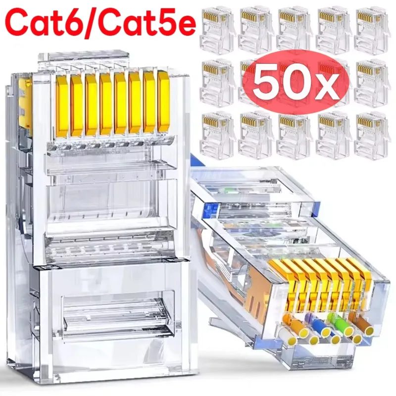 RJ45 Cat6 Cat5e Pass Through Network Connectors Ethernet Cable Gold-plated Crimp End Stranded UTP Unshielded Modular Plug