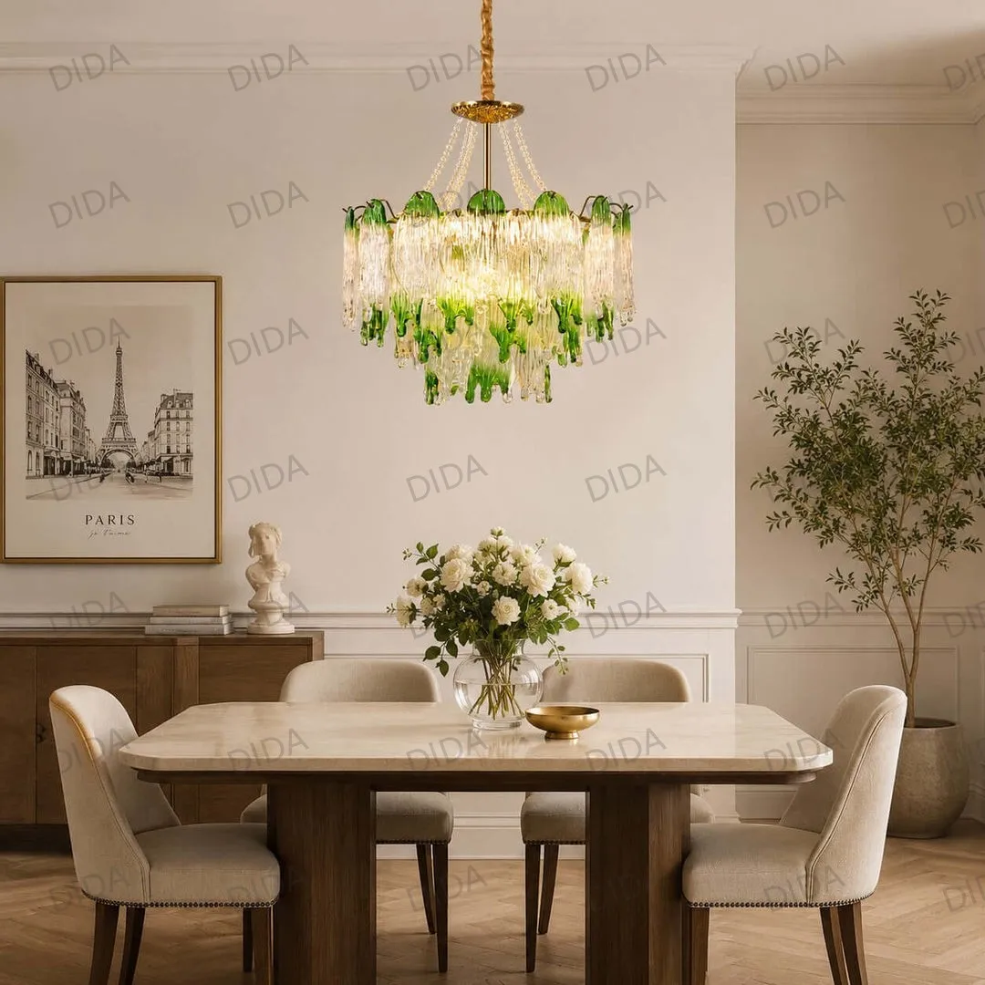 DIDA European Elegant Glass Crystal Chandelier with Cascading Green Crystal Design for Living Room Villa Hotel Decor