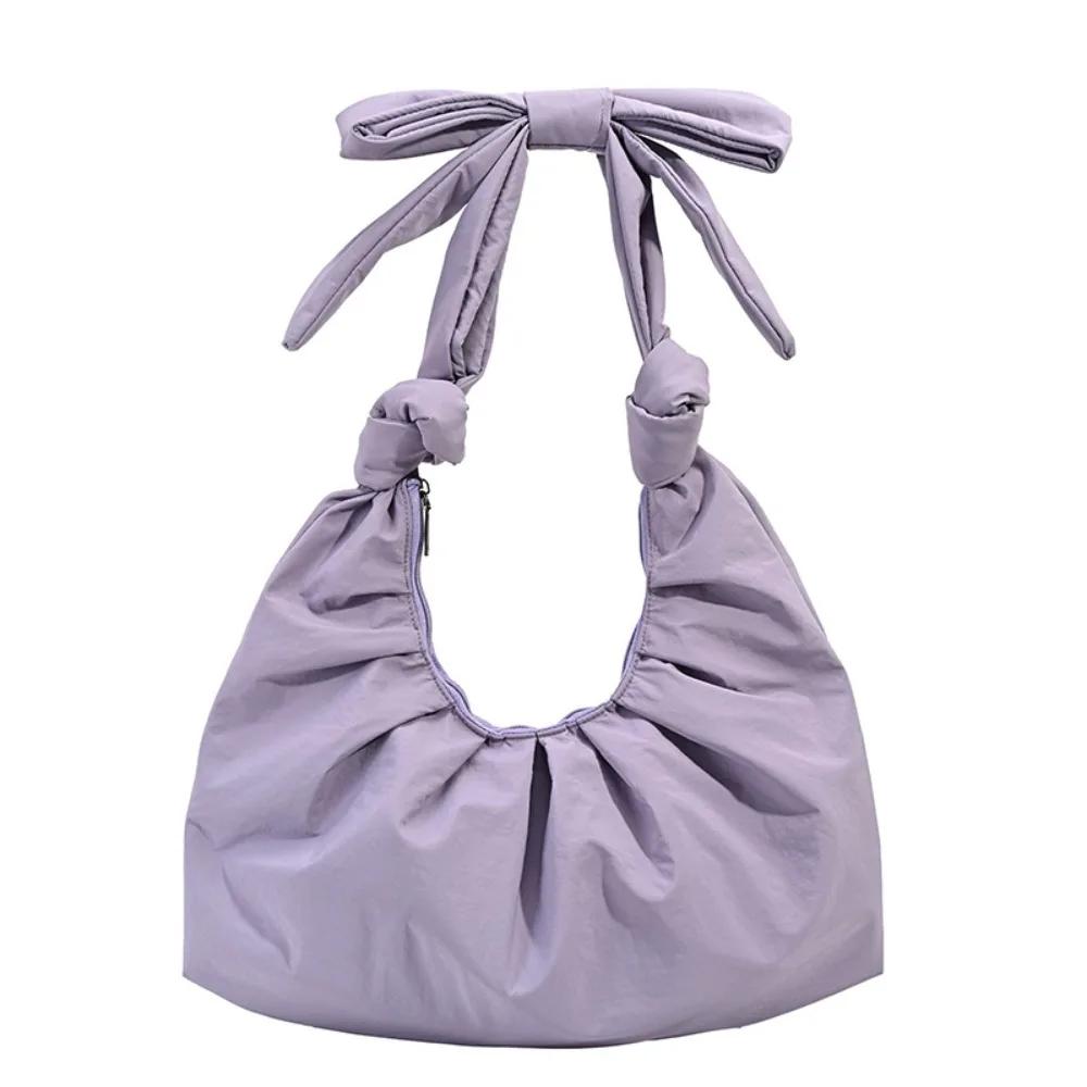 

Temperament Sweet Pleated Bow Tote Bag Korean Style Pure Color Cloud Bag Minority Design Bowknot Nylon Dumplings Bag Portable