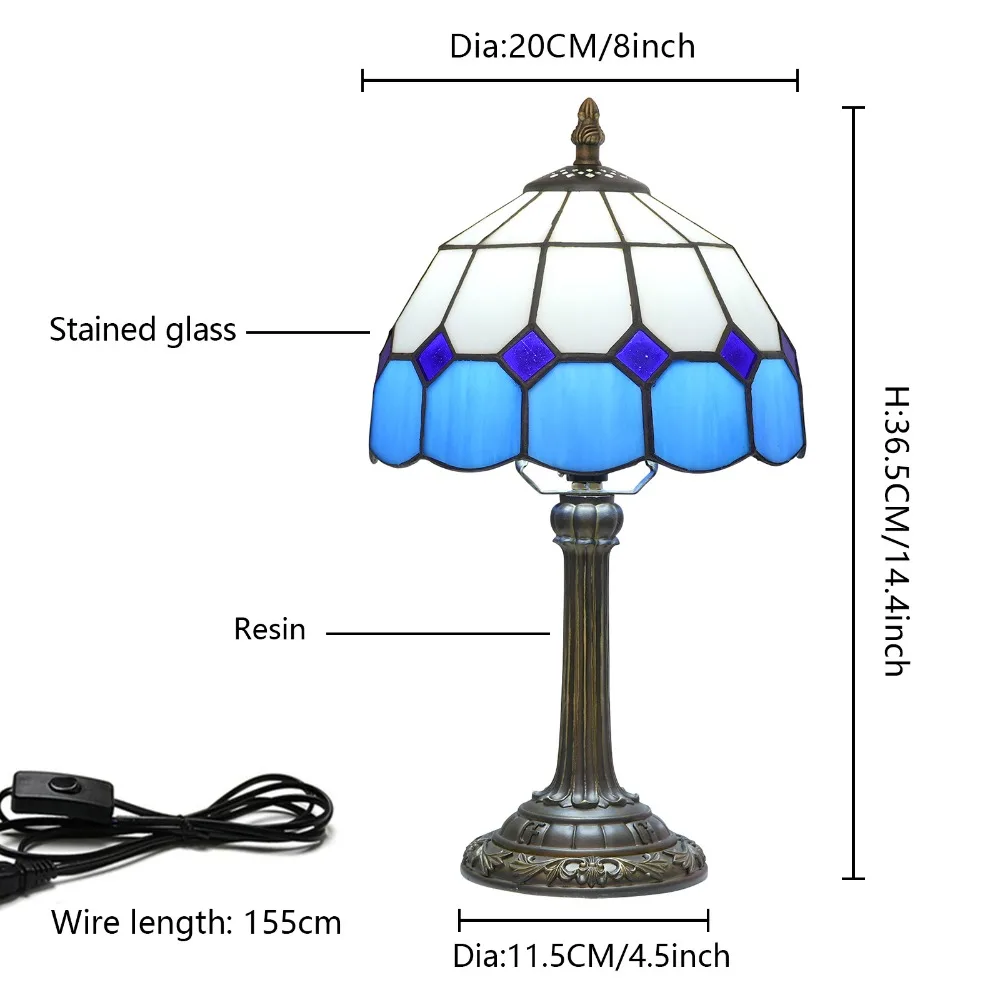 20cm Stained Glass Desk Lamp Simple European Blue Mediterranean Bedroom Night Light Bedside Table Lamp