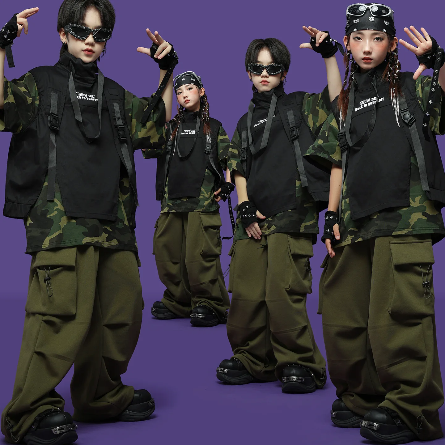

Kid Hip Hop Clothing Black Sleeveless Jacket Vest Camo T Shirt Army Green Casual Cargo Pants for Girl Boy Dance Costume Clothes