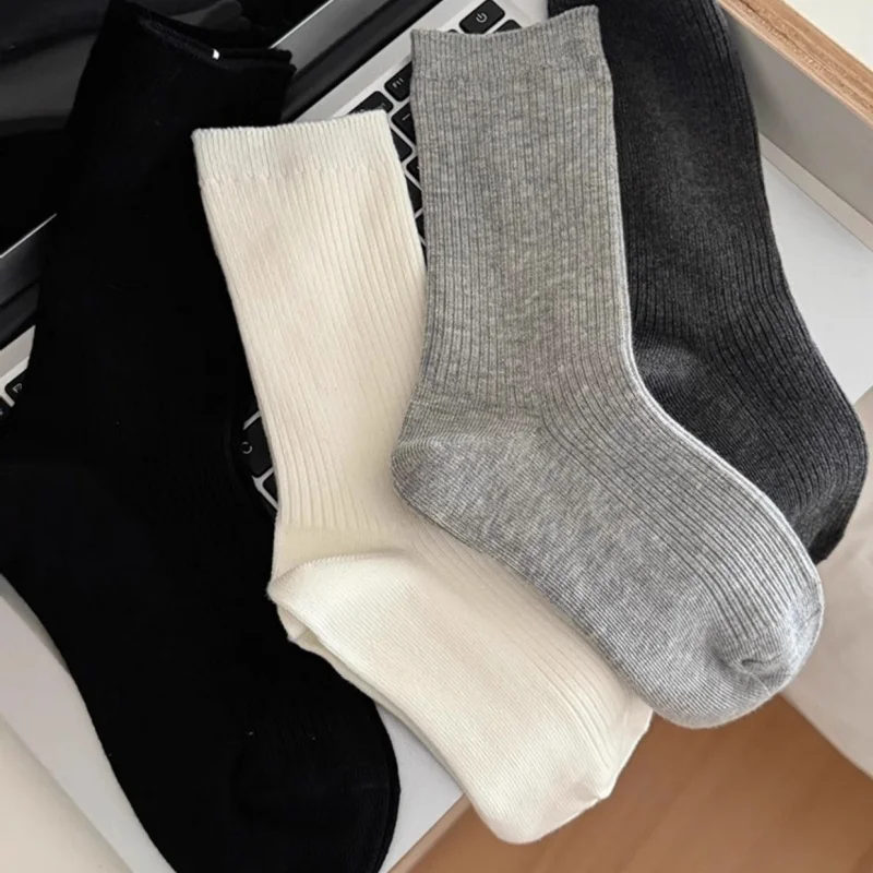 Women's Vertical Striped Knit Mid-Calf Socks Spring Autumn Solid Cotton Long White Four Seasons Stacking Socks Soft Casual Style