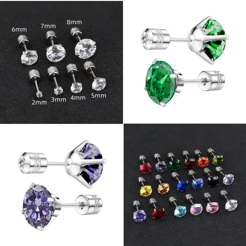 Stainless Steel Threaded Cylinder Double-Ended Drill Screw-Back Earrings 2-8mm Four-Prong Zircon Jewelry Accessories